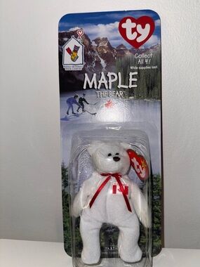 Ty White Plush Bear with Red Ribbon